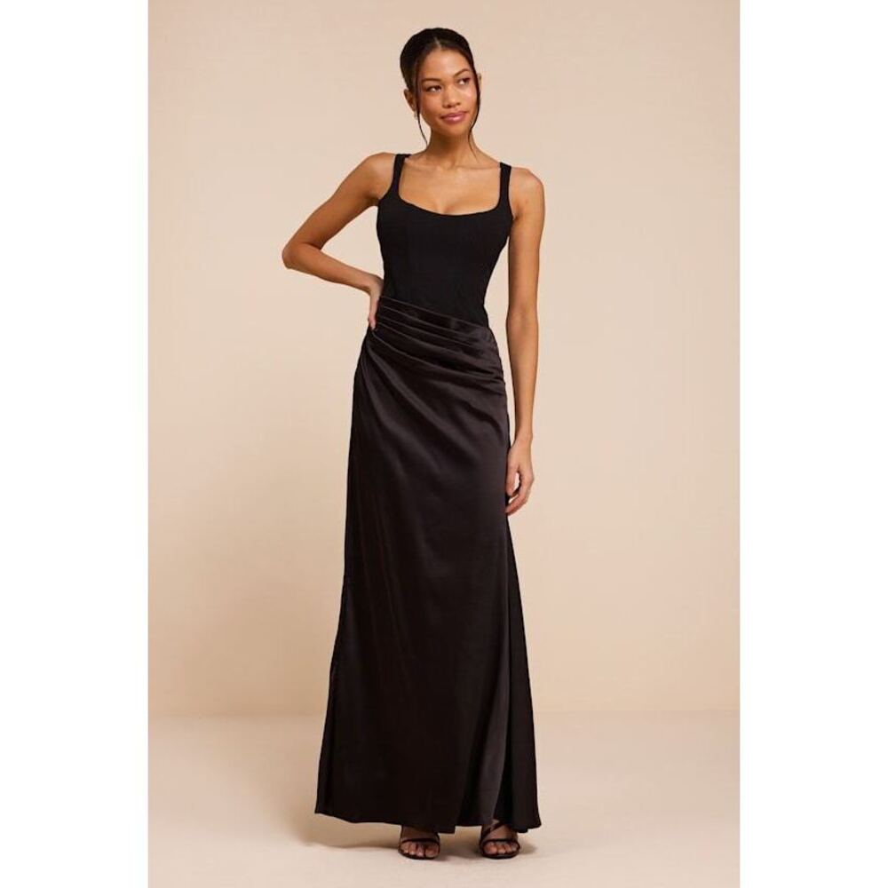 Lulus Irene Black Mixed Media Bustier Maxi Dress - Size M